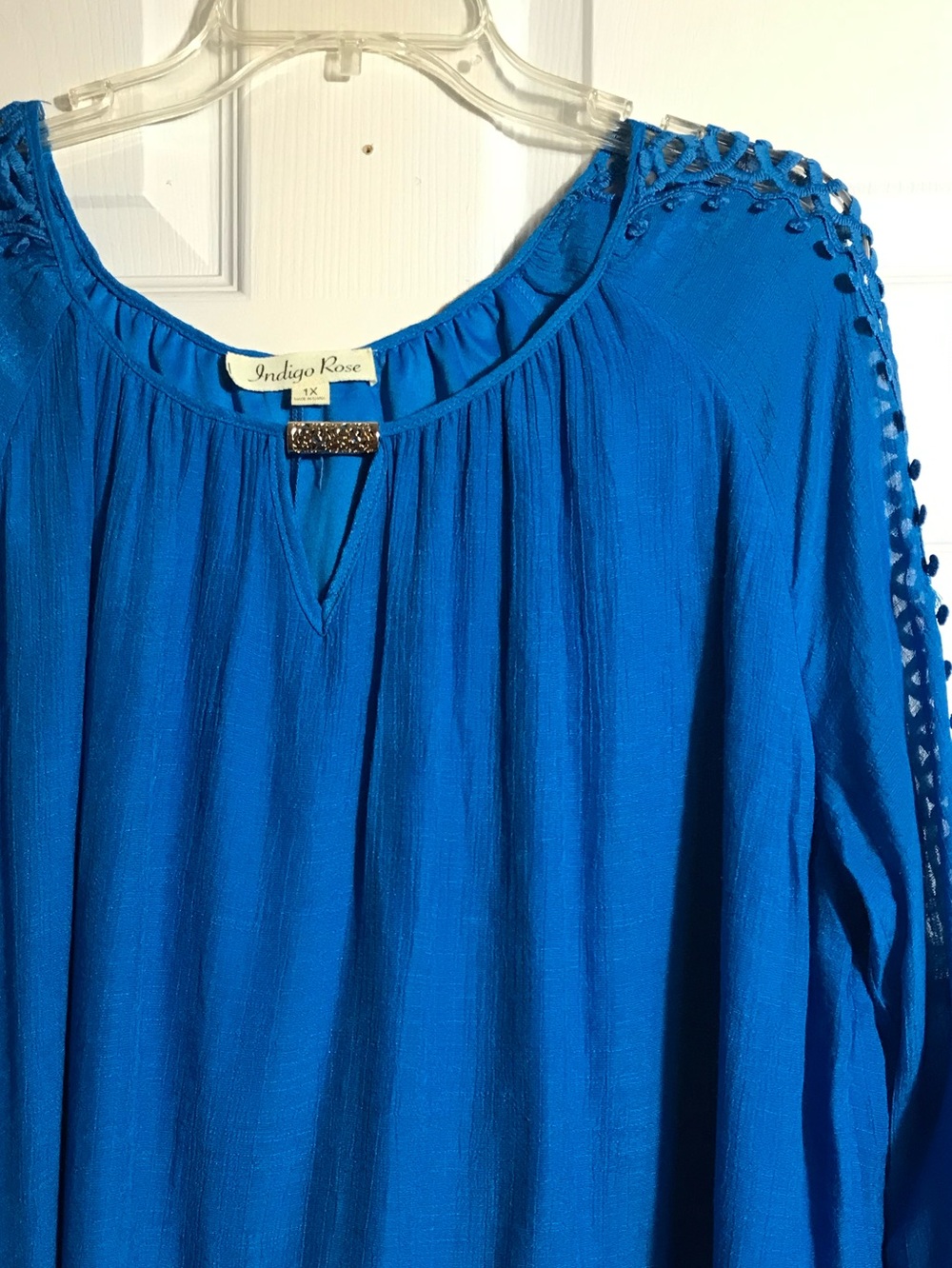 Índigo Rose Blue Floral Lace-Trim Peasant Blouse Tunic 1X - Picture 3 of 6